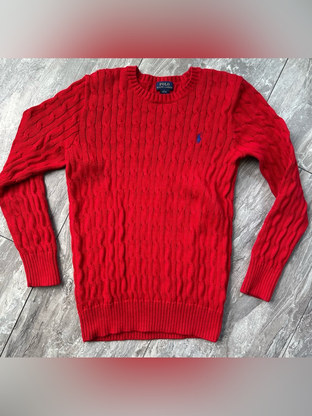 Polo Ralph Lauren Boys L 14-16 Red Cable Knit Cotton Crewneck Sweater Pony 0301